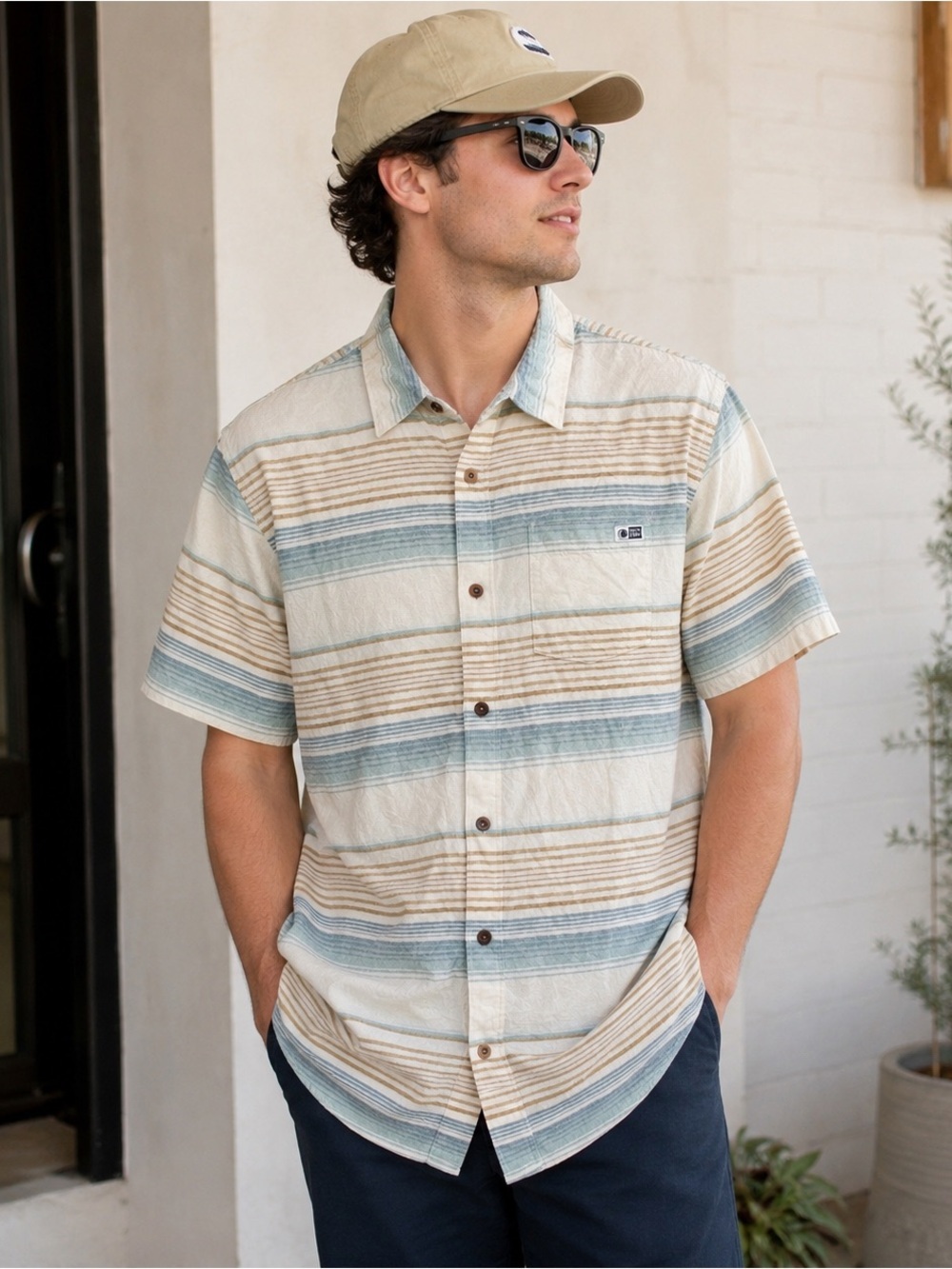 American Eagle Poolside Linen Cotton Shirt Short Sleeve Stripe Button Up Small